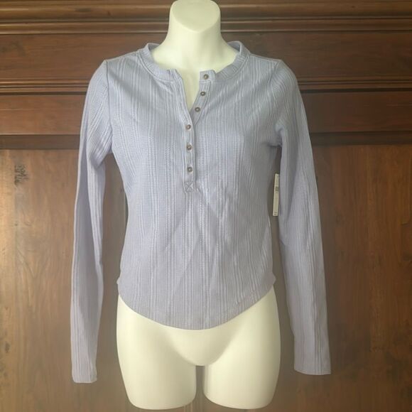 NWT Anthropologie Blue Andie Ribbed Henley Top by Pilcro: Thermal Edition Size S - Picture 2 of 5